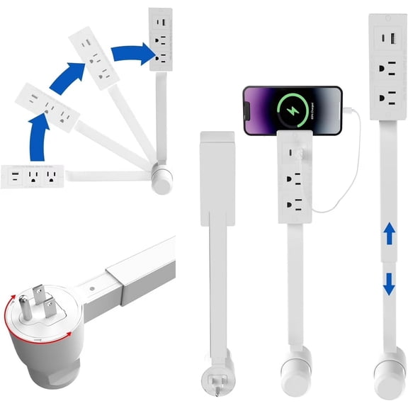 Electrical Outlet Extender with USB-A, USB-C, and 2 AC Ports – 18"–27" Adjustable Extension Stick, 180° Rotating Design for Hard-to-Reach Outlets