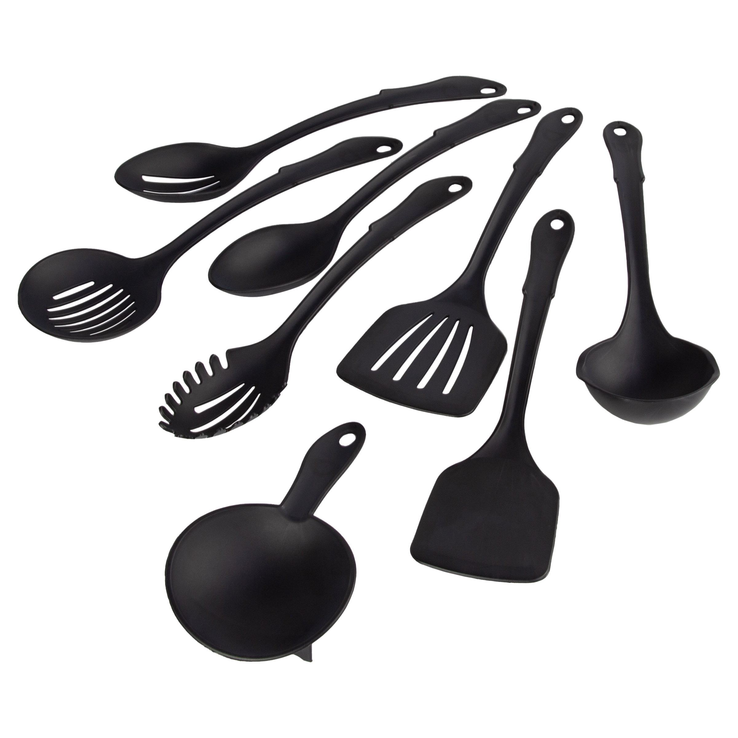 (3 pack) Mainstays 8-Piece Nylon Kitchen Utensil Set with Connector Ring, Black Plastic