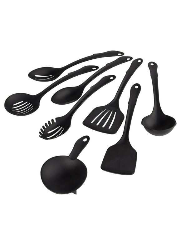 Mainstays 8-Piece Nylon Kitchen Utensil Set with Connector Ring, Black Plastic