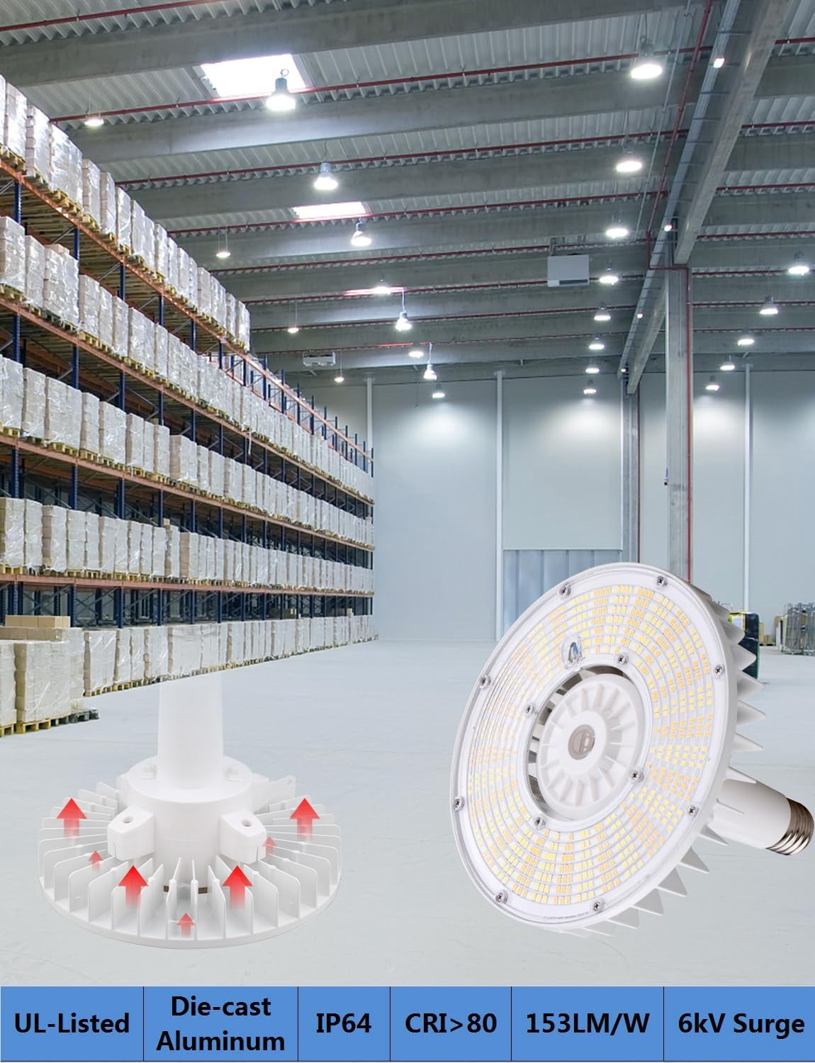 dephen 120W Motion Sensor LED Light Bulb with E39 Extender & E26 Adaptor, 18600Lm 5700K High Bay UFO Bulb, Equivalent 400W MH/HPS,Garage Ceiling Light Bulb for Wherehouse Gym Workshop,IP64,UL-Listed
