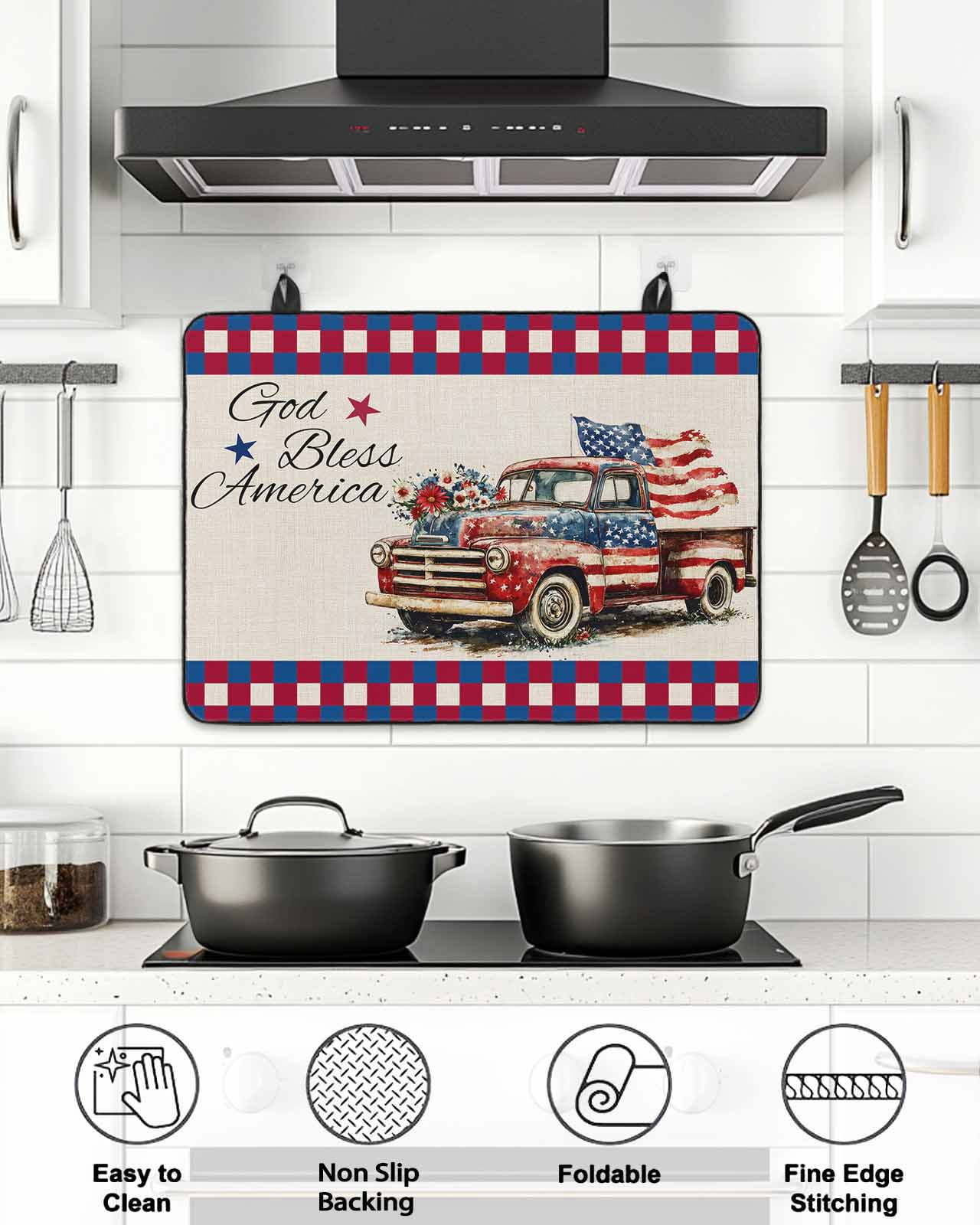 Stove Top Covers for Electric Stove 28.5x20.5 Inches, 4th of July Heat Insulation Fireproof Glass Cooktop Protector, Independence Day Truck Red Blue Rustic Countertop Stovetop Cover for Kitchen