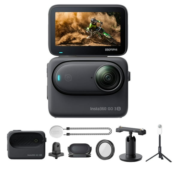 Insta 360 Aller 3S (Noir) 64GB Minuscule Puissant 4K Action Vlogging Caméra, Portable, Monter n'Importe Où, Imperméable à l'Eau, Stabilisation, Mains Libres POV, + Pod d'Action et Accessoires Portables + Selfie Bâton + Trépied