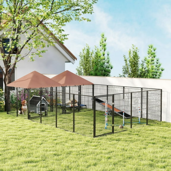 PawHut Dog Kennel Outside with 2 Rooms, Large Outdoor Dog Kennel with Rotating & Adjustable Height Bowls, 13.5' x 9.4' x 5.1'