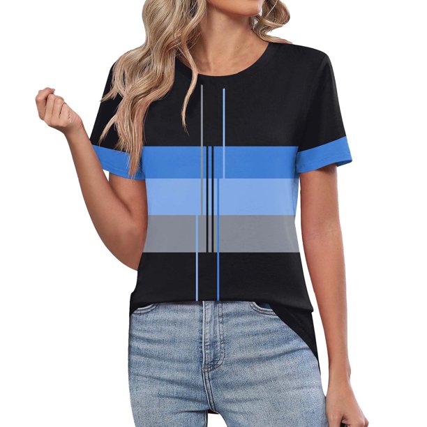 Ploknplq Elbow Length Tee Shirts for Women,Stripe Shirt,Workout T Shirts for Women,Spring Round Neck Splicing Striped Loose Short Sleeve T Shirt,Oversized Shirts for Women,Graphic Tee Blue L
