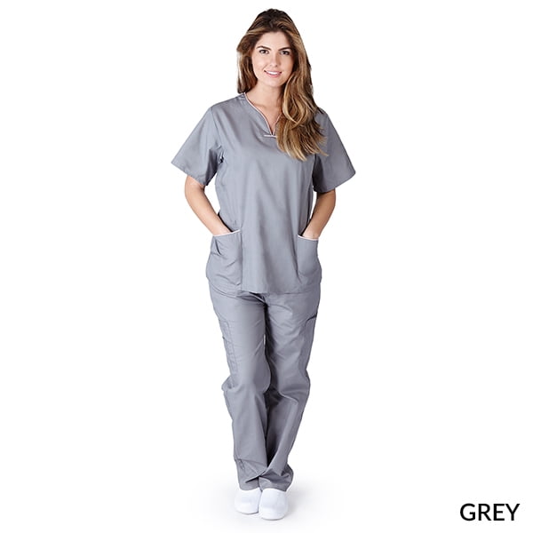 Women's Contrast Scallop Medical Hospital Nursing Uniform Scrubs Set Top & Pants 