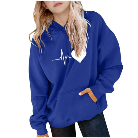 DxhmoneyHX Girls Hoodies Fashion Hearts Printed Going Out Tops Fall Winter Warm Long Sleeve Blouses Pullover Sweatshirts with Pocket Size 14 Years