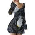 thumbnail image 2 of Maqroz Long Dresses for Women Casual Plus Size V Neck Ribbed Knit Dresses Floral Printed A-Line Hem Flare Sleeves Stretchy Mini Dress Spring Sundress Fashion Outfits Gray S, 2 of 5