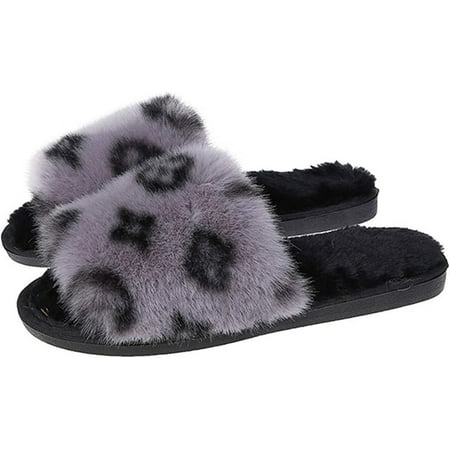

PIKADINGNIS Women s slippers Plush slippers Winter slippers Open-toed slippers Warm slippers Leopard slippers Home slippers