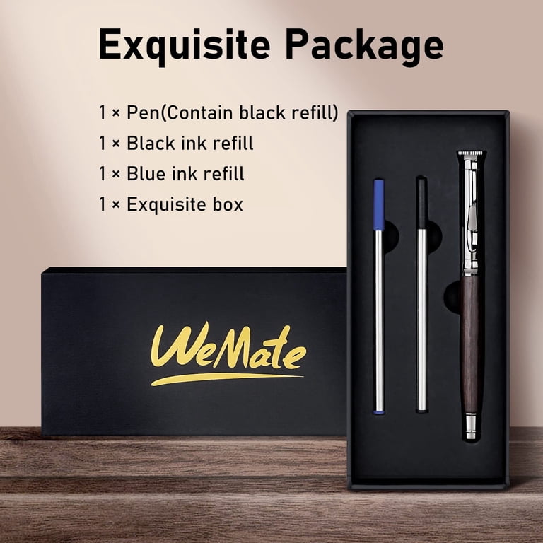 WEMATE Luxury Wooden Rollerball Pen Set - Oak Finish, Includes 2 Ink Refills (Black & Blue), Gift Box