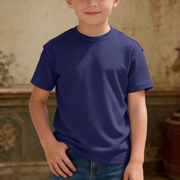T Shirt for Boys Short Sleeves Waffle Navy Kids Shirts Casual Summer Outfits Boy Clothes 8-9 Years