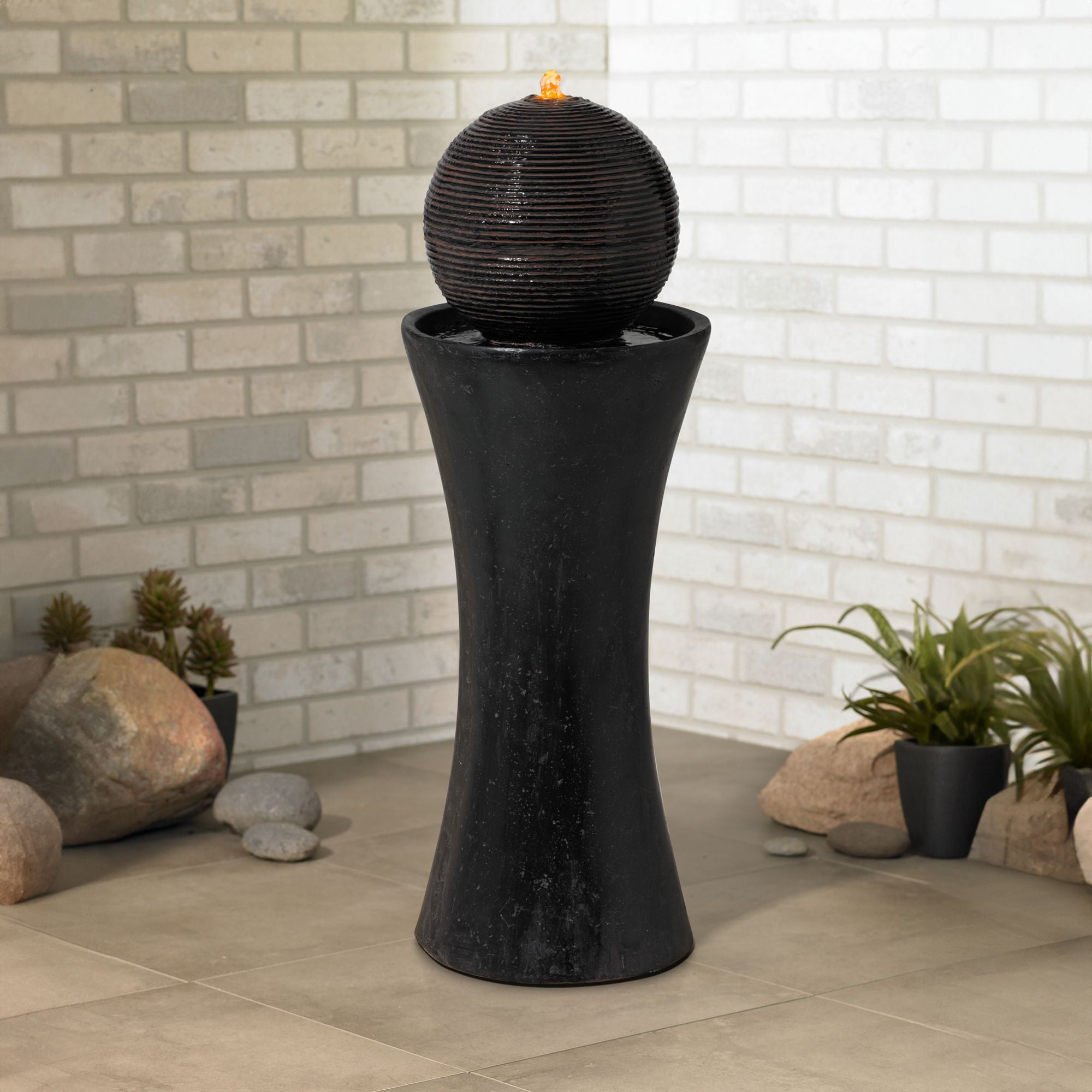 Dark Sphere 35 1/2" High Zen Modern Indoor Outdoor Decor Faux Stone Floor Fountain w/ Light LED Bubbler Pillar