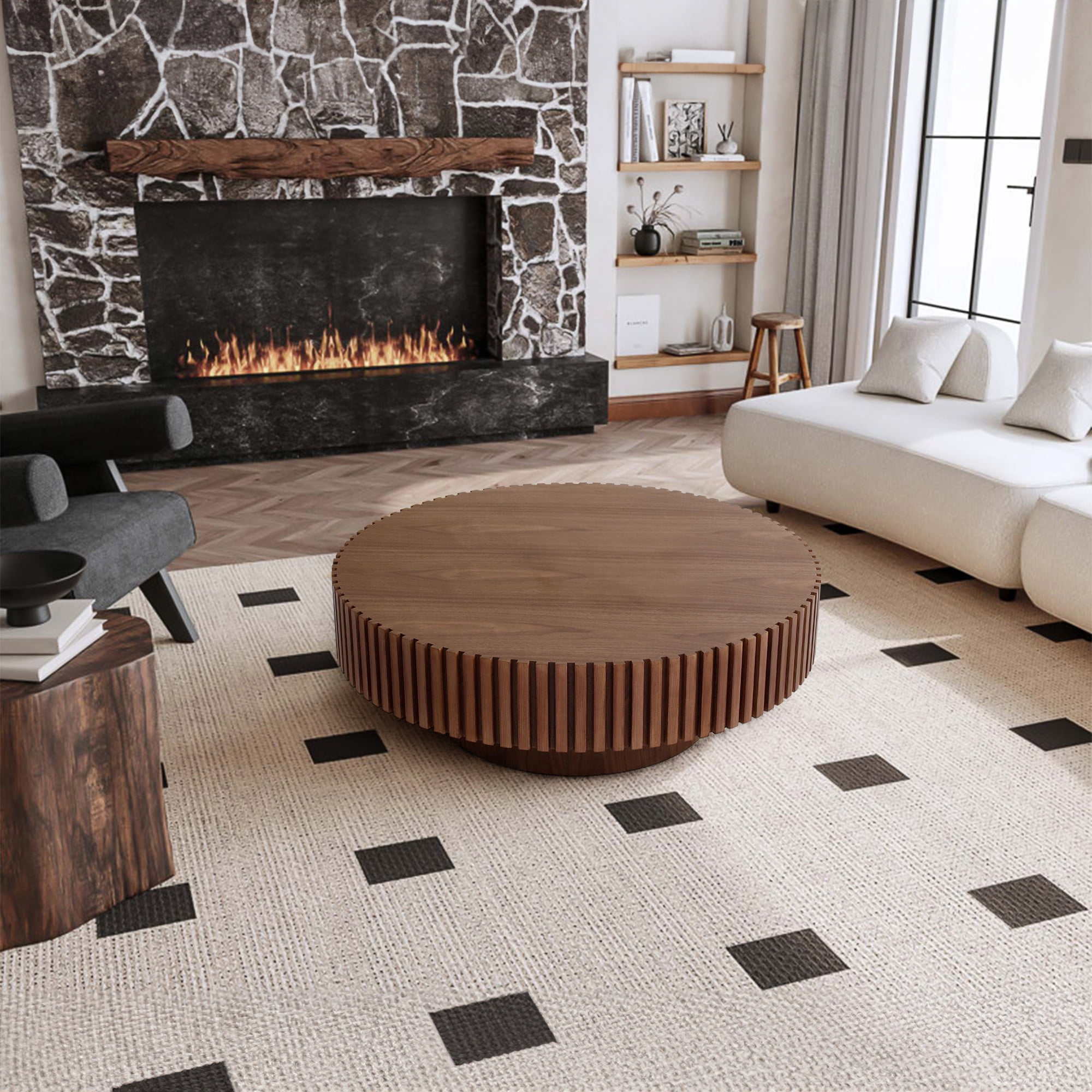 FFH 31.5" Round Coffee Table for Living Room,Rustic Modern Coffee Table with Sturdy Pedestal,Nature Wood Handcraft Corner Coffee Table,Circle Side Table Centre Table for Apartment,Walnut