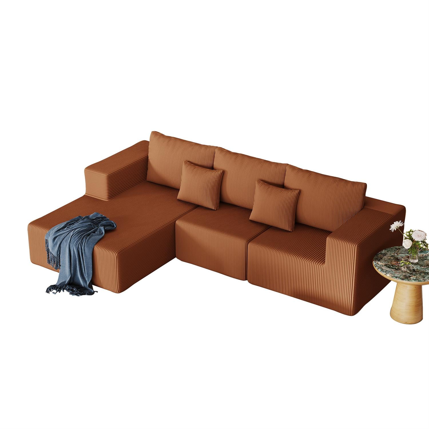 Demi Bonn 108" L-Shaped Modular Foam Sofa with Chaise Lounge, Cloud-Like Comfort Couch, Corduroy Sectional for Living Room, Brown