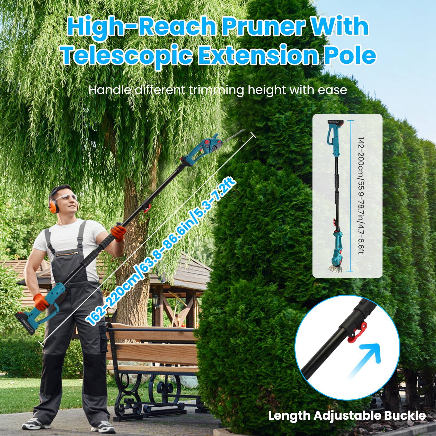 TeqHome Cordless Electric Hedge Trimmer with Extension Pole, 21V Grass Shears with 90° Rotatable Head 2Pcs 21V Batteries Blue