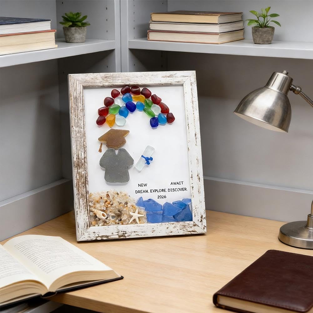 Sea Glass Graduation Gift Class of 2026, Rustic Wood Framed Wall Art, Rainbow Cap Coastal Decor, College High School Graduate Senior Present for Daughter Son Him Her(Q)