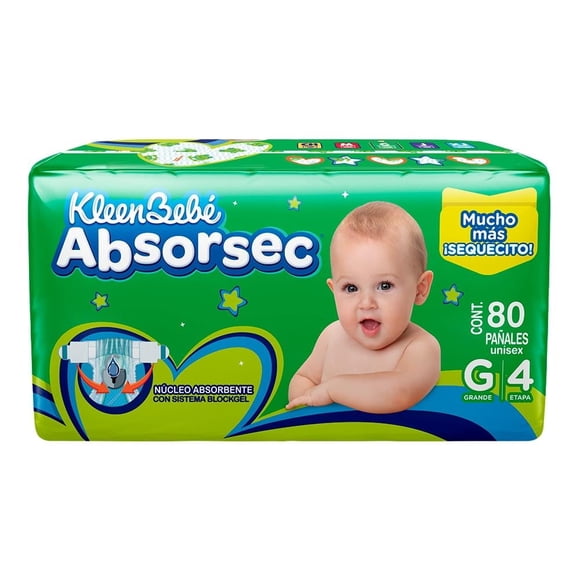 Pañales Kleenbebé Absorsec etapa 4 talla grande unisex 80 piezas