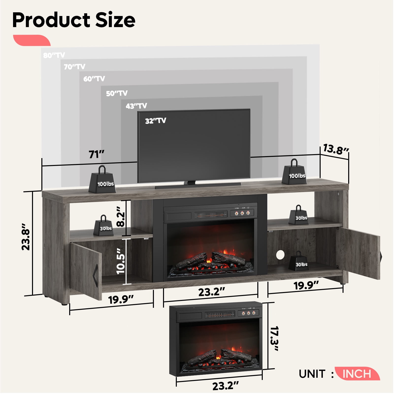 Bestier 71 inch Electric Fireplace TV Stand for TVs up to 75", Modern Entertainment Center with LED Lights, Wash Grey