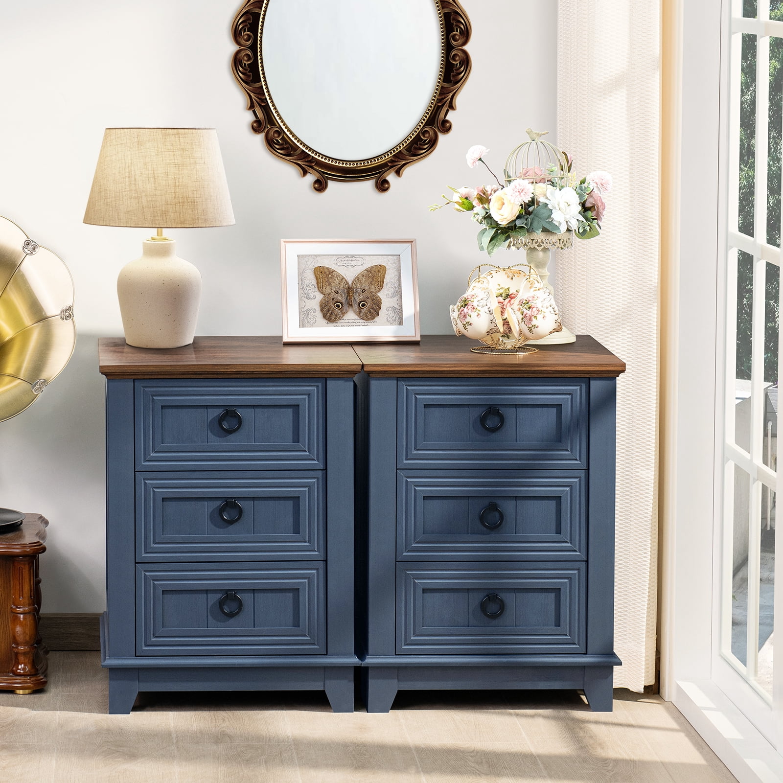 Joaxswe End Table with 3 Drawers for Living Room, Elegant Nightstand with Metal Handle for Bedroom, Blue