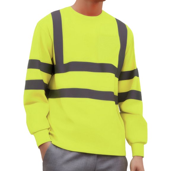 FEOYA Mens Hi Vis T Shirt Long Sleeve Reflective Top Hi Viz Security Shirt High Visibility Clothing Breathable Workwear Work Safety Pullover with Pocket for Warehouse Construction Handling S