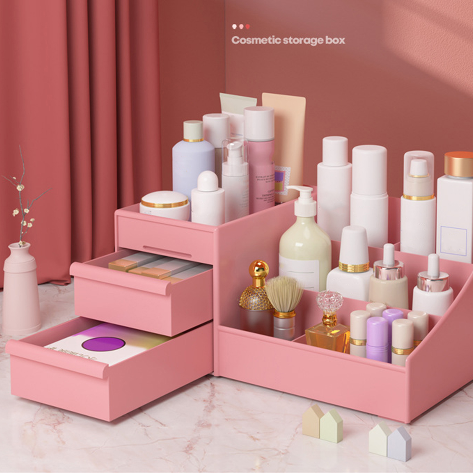 Organisateur Maquillage Avec Tiroirs - 10 Compartiments - ABS étanche - Pour Coiffeuse, Salle De Bain, Bureau - Rose