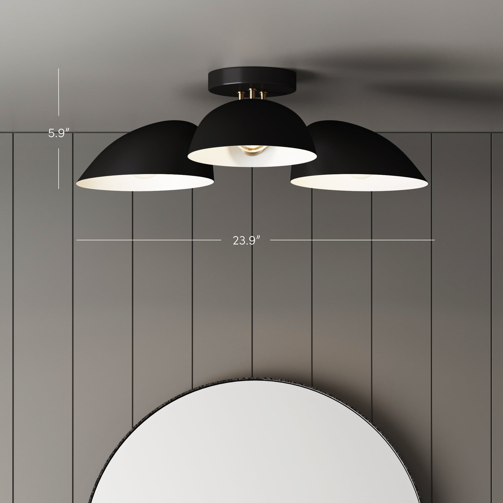 Nathan James Argo Semi Flush Ceiling Mount 3-Light Fixture with Retro Black Rounded Shade for Hallway, Kitchen or Bedroom