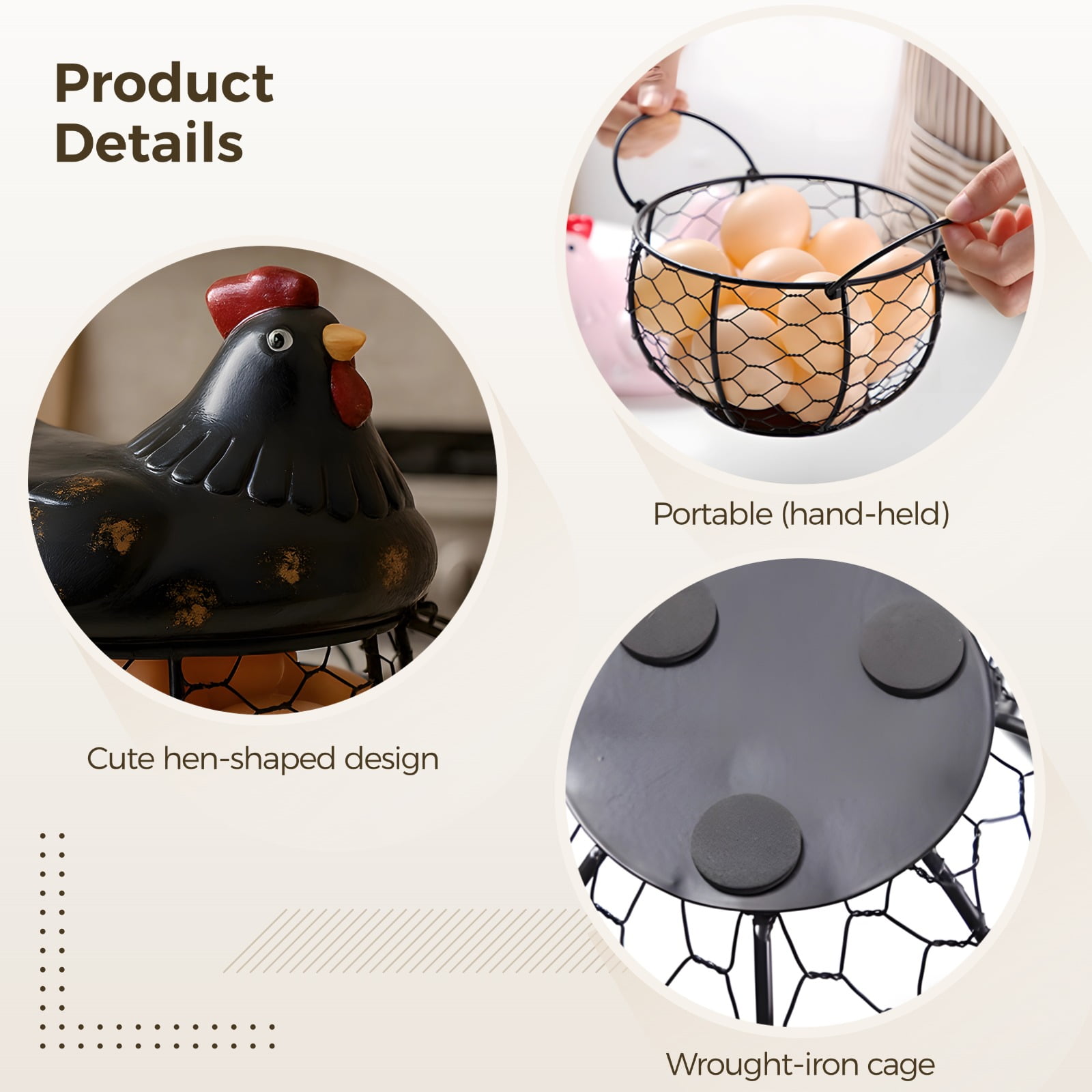 Small Black Iron Egg Basket, Farmhouse Style Countertop Holder with Ceramic Lid, Chicken Egg Storage for Kitchen, Rustic Home Decor, Keeps Up To 15 Eggs Fresh