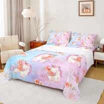 Homewish Cartoon Rose Unicorn 4-Piece Full Size Sheets for Kids Children Girls,Dreamy Princess Bed Sheets,Gradient Pink Blue Lightweight Sheet Sets,Microfiber Bedroom Decor