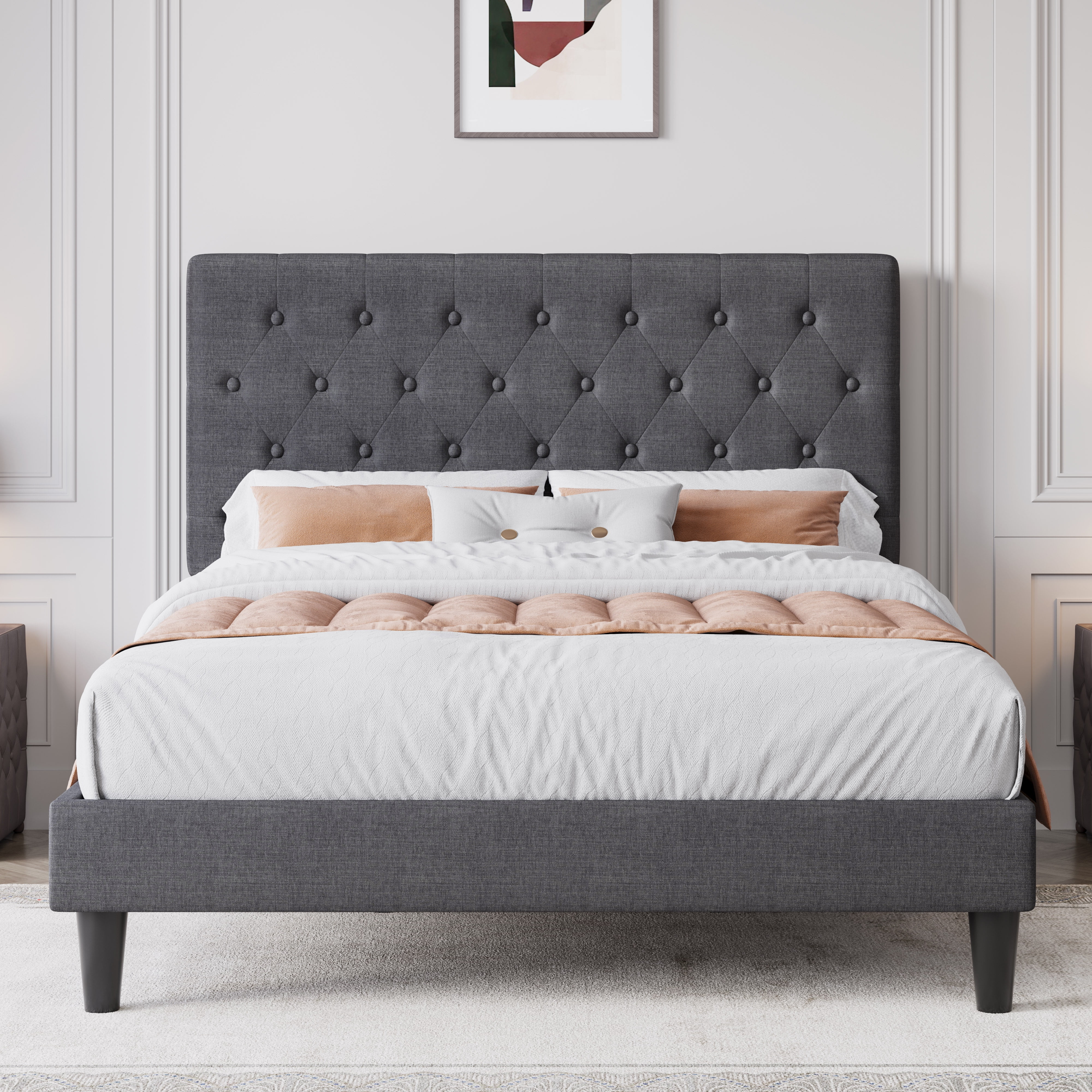 Sha Cerlin Grey Full Size Platform Bed Frame with Adjustable Tufted  Headboard