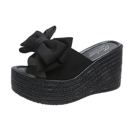 

Slippers for Women Ladies Fashion Cloth Bow Fish Mouth Platform Wedge Heel Casual Slippers Womens Slippers Cloth Black 39