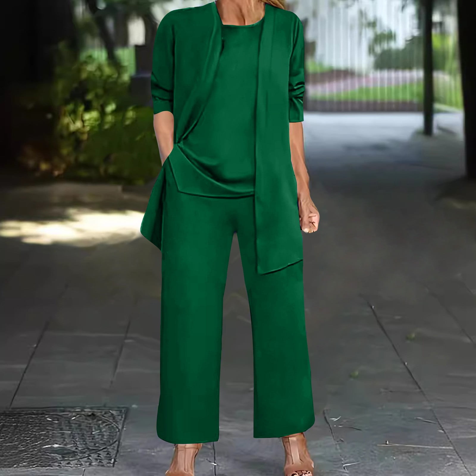Huankd 3 Piece Outfits For Women Long Sleeve Cardigan Sleeveless Top Wide Leg Pants Sweatsuit Sets Wedding Guest Pant Suits Coffee 2xl