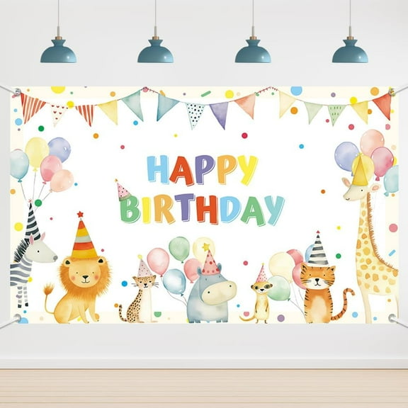 5.9x3.6FT Watercolor Animal Happy Birthday Backdrop Colorful Wild Animals Hats Balloons Birthday Party Decorations Banner Supplies Photo Booth Props
