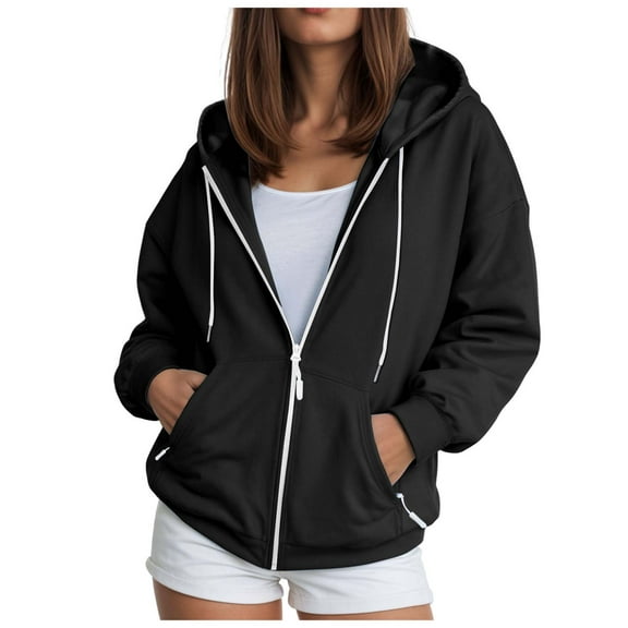 Sgkm Women Sweat Jacket with Hood Women Oversize Zip Sports Jacket Sweatshirt Jacket Lightweight Hoodies Black S