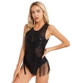 thumbnail image 2 of DPOIS Women Mesh Patchwork Sequins Fringe Bodysuit Jazz Leotard Costume Black L, 2 of 7
