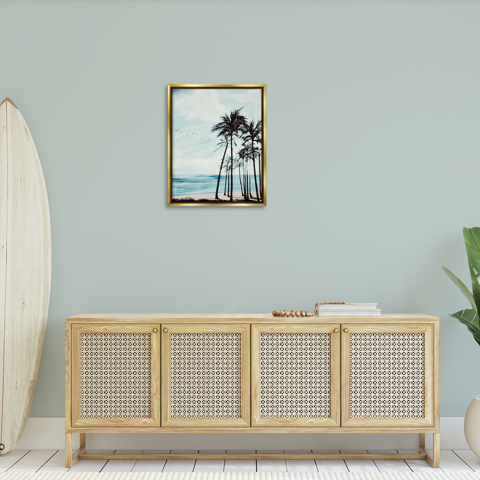 Stupell Industries Summer Beach Silhouette Coastal Painting Gold Floater Framed Canvas Art Print Wall Art, 25 x 31