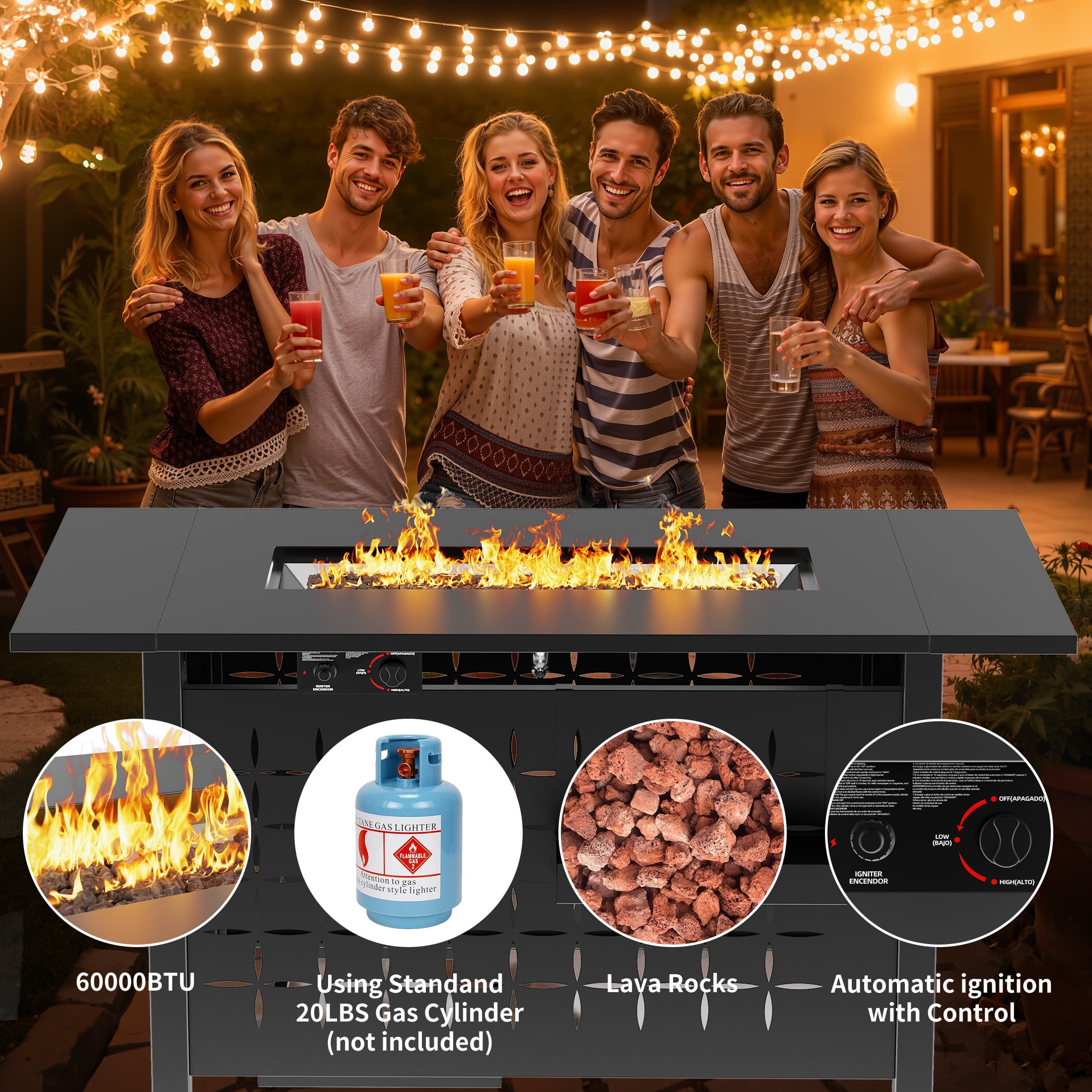 Enyopro 43" Propane Fire Pit Table, 60,000 BTU 2-in-1 Auto-Ignition Rectangular Fire Pit with Hidden Propane Tank Design, Lava Rock & Steel Lid for Patio, Porch, Garden, CSA & ETL Certified