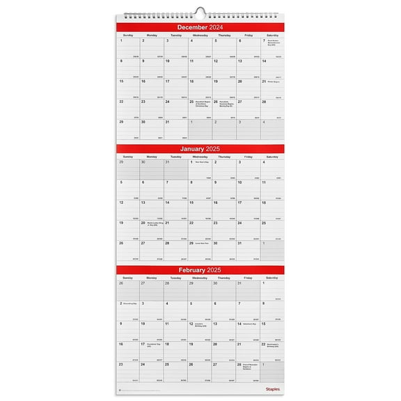 2025 Staples 12" x 27" Wall Calendar Red/White (ST53920-25)