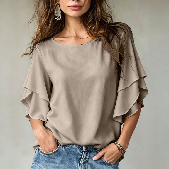 IUYRTFE Women's Crew Neck Batwing Sleeve Top Loose Fit Casual Summer Blouse
