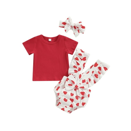 

Bagilaanoe 3Pcs Newborn Baby Girls Overalls Shorts Set Ribbed Short Sleeve T-Shirts Tops + Heart Print Suspender Short Pants + Headband 6M 9M 12M 18M 24M Infant Casual Valentine s Day Outfits