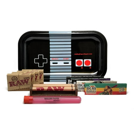Raw King Size Papers Bundle - 11 Items - Rolling Paper Depot Tray (Controller), Bob Marley King Size Papers, RAW Pre-Rolled Tips, RAW 110mm Roller and Rolling Paper Depot XL Doobtube ()