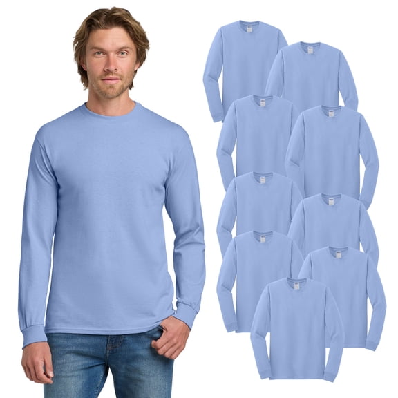 Gildan Men's Heavy Cotton Long Sleeve T-Shirt, Crew Neck Classic Fit Tee, Carolina Blue, 9-Pack, S