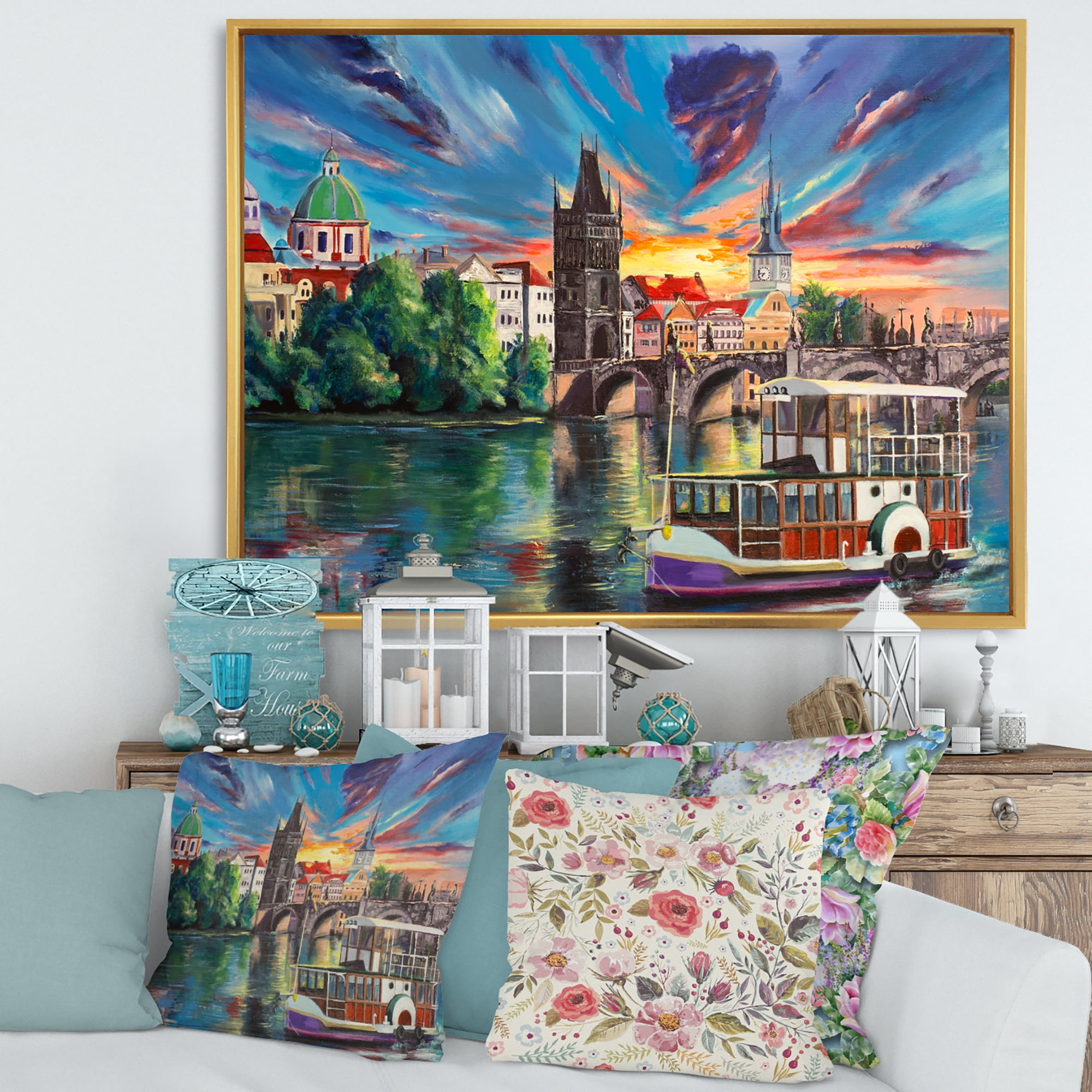 Sunset Over City view Of Prague 32 in x 16 in Framed Painting Canvas Art Print, by Designart