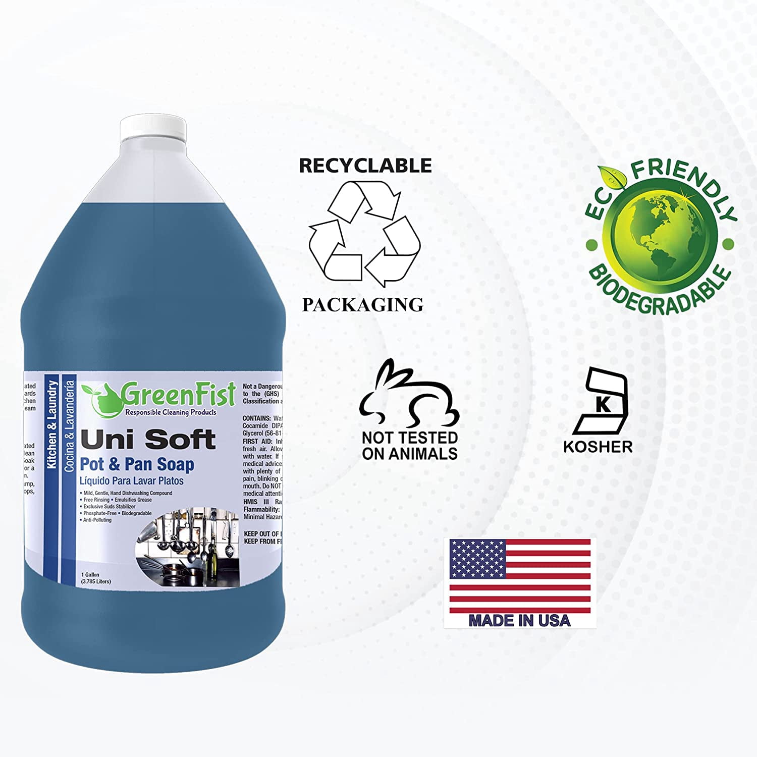GreenFist Dish Soap Professional Detergent Liquid Pot & Pan Dish-Wash - Light or Heavy Use (1 Gallon Unisoft) (1 Gallon Green) (Blue Unisoft 1 Gallon)