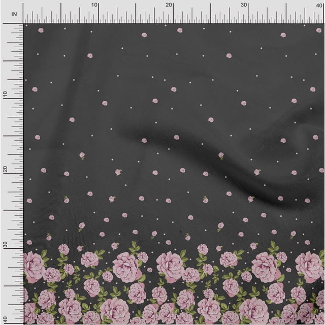 Soimoi Gray Poly Georgette Fabric Leaves & Rose Panel Print Sewing Fabric BTY 52 Inch Wide