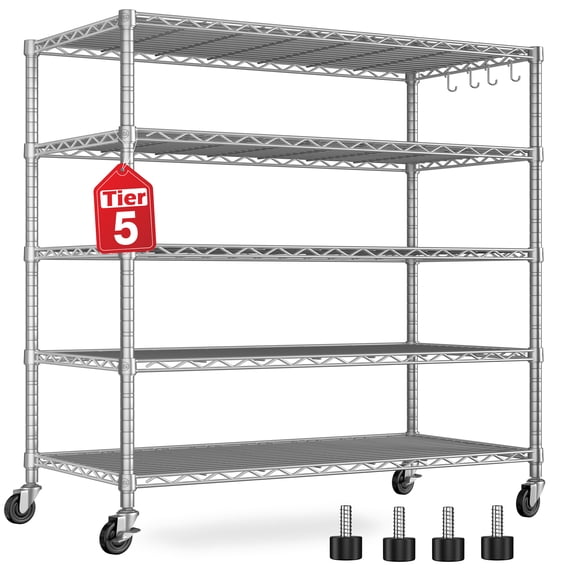 TrumanPick 48"W x 24"D x 81"H Wire Storage Shelves with Wheels 3000 LBS Capacity Heavy Duty NSF Certified Garage Shelving Unit, 5-Tier Adjustable Rolling Metal Shelf for Warehouse Pantry, Chrome
