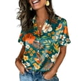 thumbnail image 2 of Dweltoz Satin Shirts for Women Button Down Silky Shirt Short Sleeve Casual Tops Spring Fall Floral Print Collared Dressy Fashion Outfit,Green L, 2 of 7