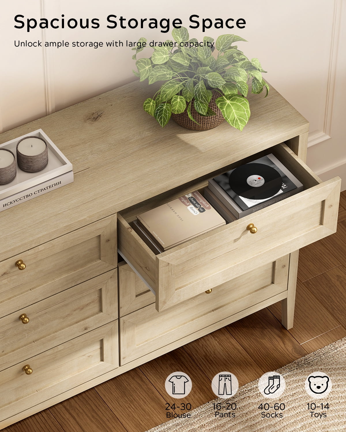 EYYTHUNG Modern 6-Drawer Storage Dresser for Bedroom, Chest of Drawers with Golden Handles, Cabinet Side Table, Light Oak