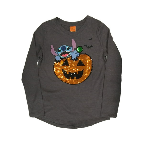 Disney Girls Gray Lilo & Stitch Pumpkin Halloween Flip Sequin Shirt ...
