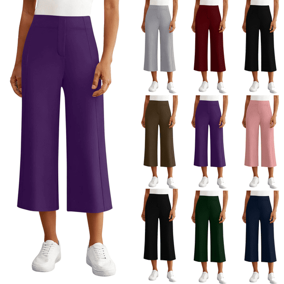 Womens Wide Leg Capri Pants Elastic High Waist Loose Capris with Pockets Summer Casual Yoga Cropped Pants,Sizes S-2XL