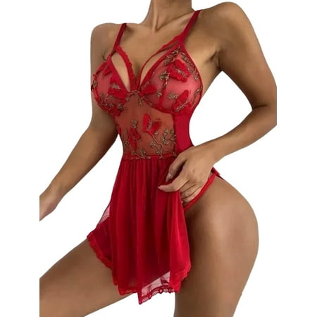 

FASHIONWT Women Sexy Solid Sheer Lingerie Mini Dress See-through Babydoll Nightdress