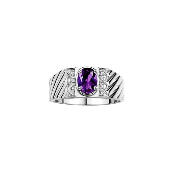 Rylos Sterling Silver Classic 8X6MM Oval Amethyst & Sparkling Diamond Ring - Birthstone Jewelry for Men -Size 8
